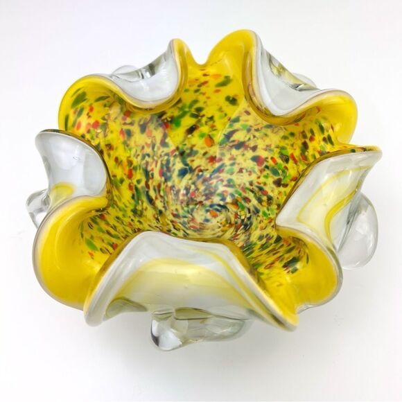 Murano Art Glass Millefiori Cased Bowl Yellow Gold Flake Multicolor Tutti Frutti - Picture 3 of 9